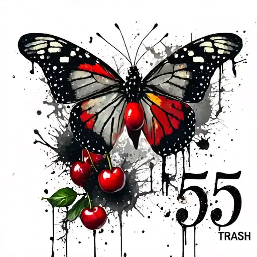 "555" monarch butterfly, 555 inside, red cherry fruit,  tattoo design idea