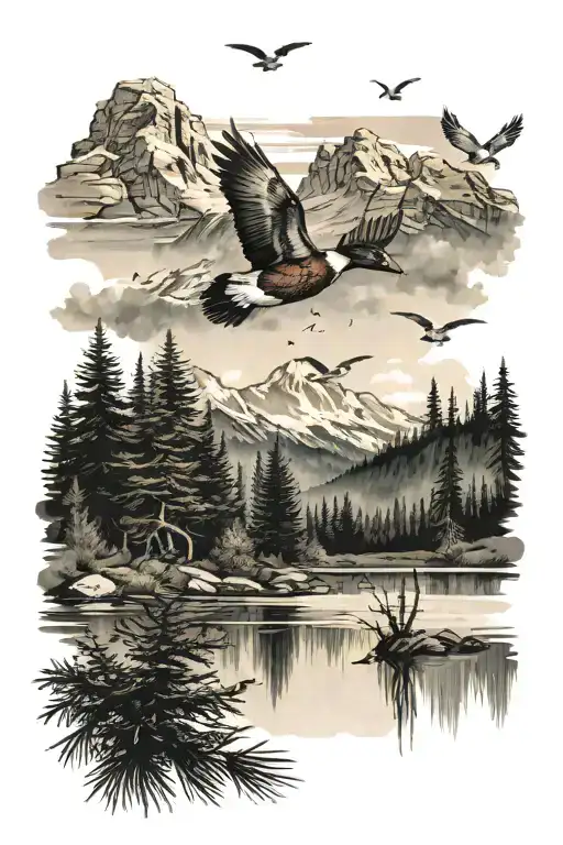 pond with ducks flying around with mountains in the background pine tress all around it  tattoo design idea