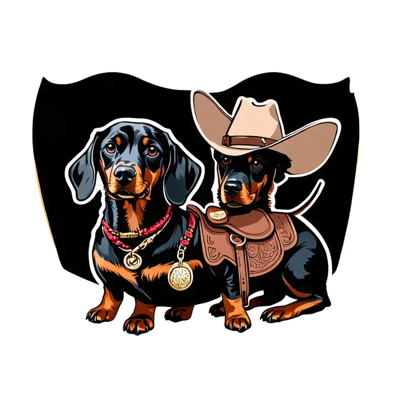 black weiner dog with cowboy hat and saddle adorned tattoo design idea