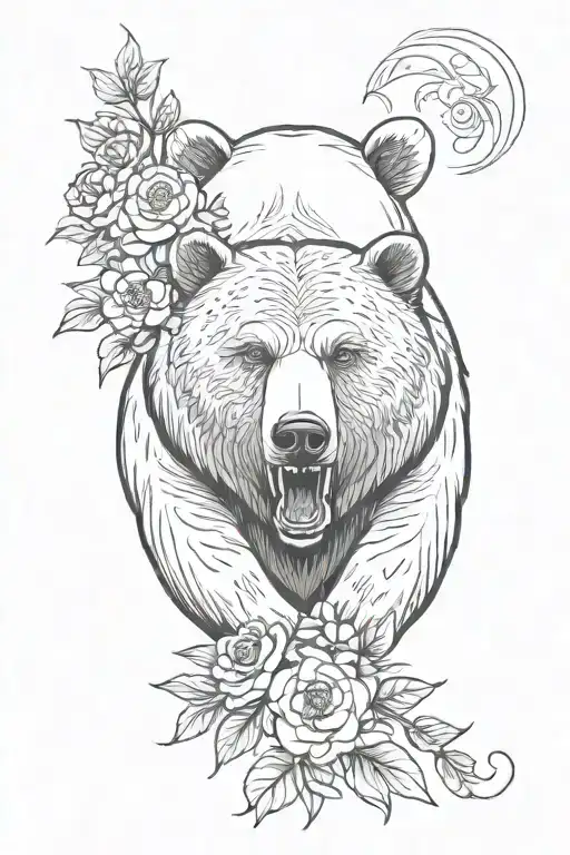 Bear with fish in its mouth, so rounded by flowers tattoo design idea