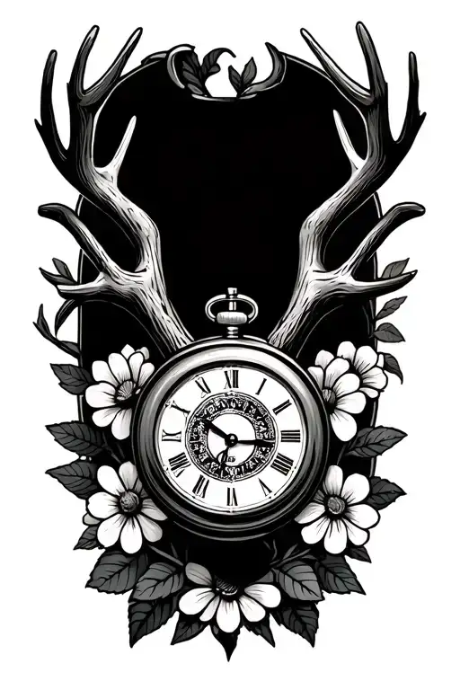 antler with flowers and pocket watch surrounded tattoo design idea