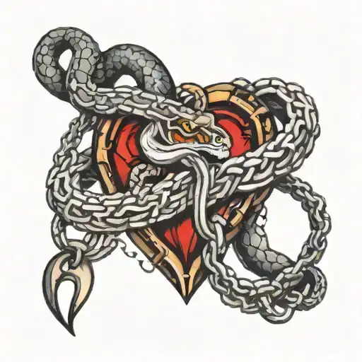 broken heart held together with a  rusted chains and snake  tattoo design idea