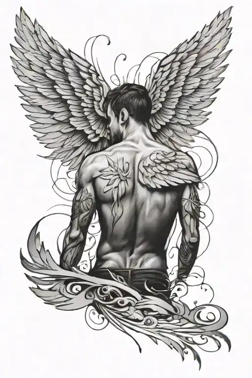 man looking down, arms outstretched, wings spread tattoo design idea