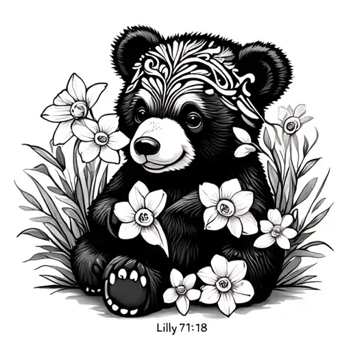 "Lilly 7-11-18" daffodils around baby bear tattoo design idea