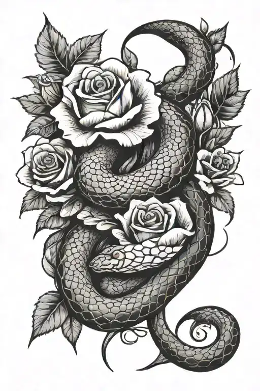 A forearm tattoo design featuring a coiled snake intertwined with blooming roses and sharp thorns. Behind the snake, a c tattoo design idea