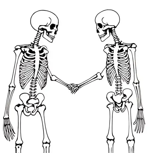 Could you create a tattoo outline with two skeletons looking at each other holding hands, one with a missing rib and one tattoo design idea
