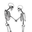 Could you create a tattoo outline with two skeletons looking at each other holding hands, one with a missing rib and one tattoo design idea