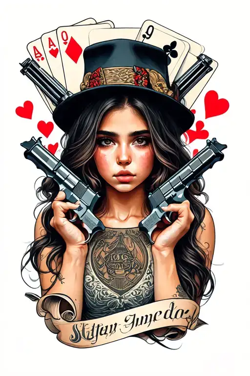 I want a realistic tattoo with a girl and cards and guns tattoo design idea