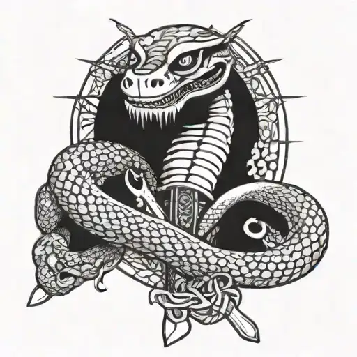 samurai sword with a snake wrapped around it in a chicano fine line style tattoo design idea