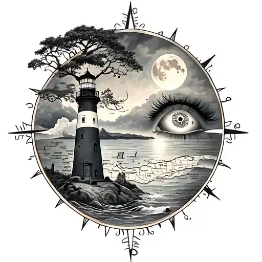 Lighthouse, compass, tree, eye, map and moon tattoo design idea