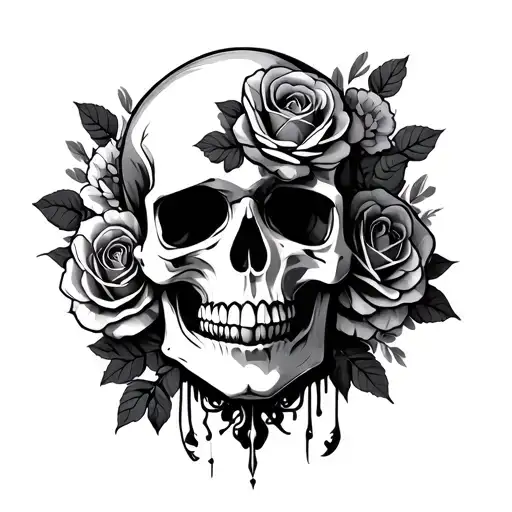 front facing skull with roses and flowers intertwined tattoo design idea