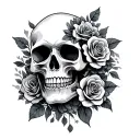 front facing skull with roses and flowers intertwined tattoo design idea