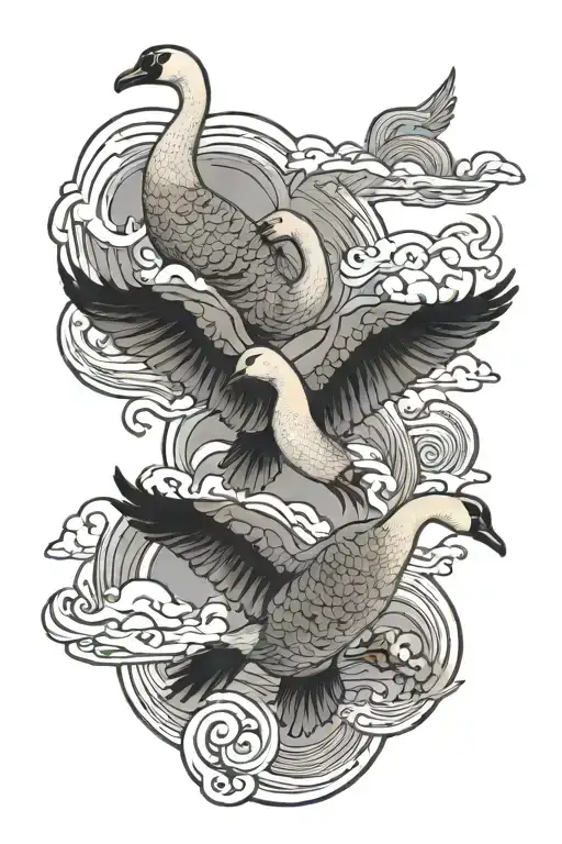 japanese style tatoo with 3 geese. Waves, clouds, flames tattoo design idea