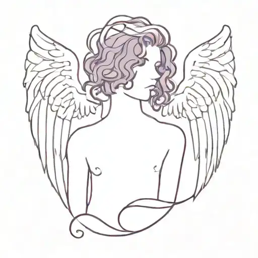 A minimalist tattoo of a human silhouette with angel wings and devil horns, featuring curly hair and black and purple accents tattoo design idea