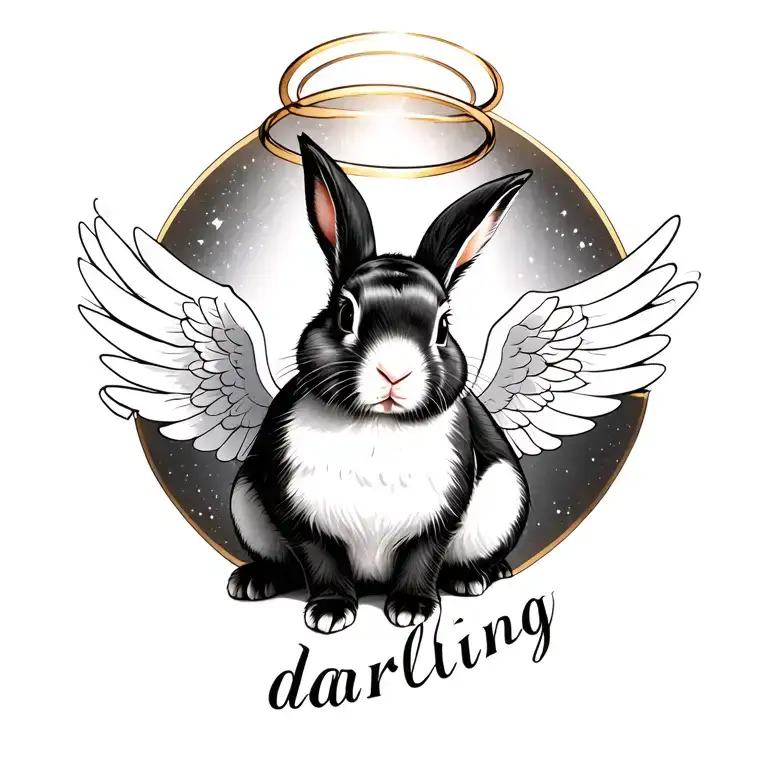 black Havana rabbit with halo and wings with the words darling written in italic under, realistic tattoo design idea