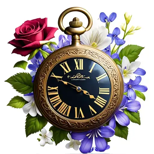 tilted pocket watch with Roman numerals surround by flowers: Bellflowers, roses, forget me nots, hyacinths, and jasmine tattoo design idea