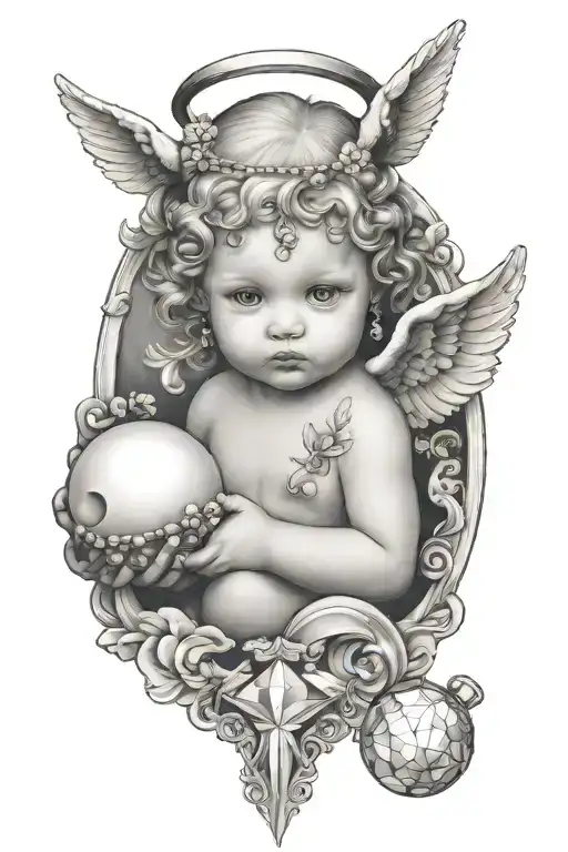 A baby angel with two horns above her head ,holding a diamond a shell which has a pearl in it  tattoo design idea