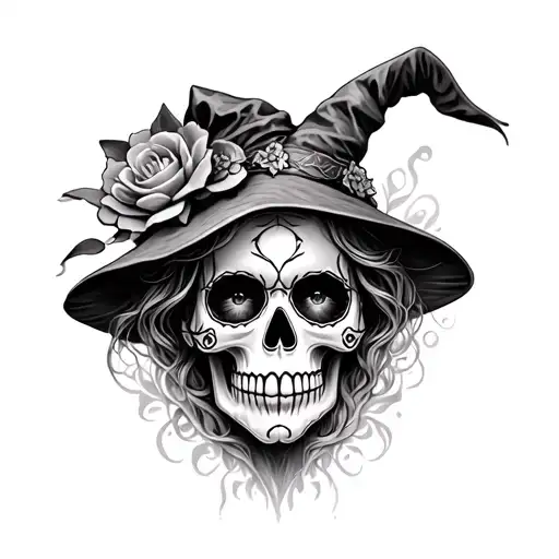 witch tattoo with sugar skull, black and white shading with white highlights, some color as accent, lair scene tattoo design idea
