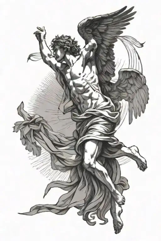 Daedalus reaching for Icarus' falling body as a silhouette in the sun tattoo design idea