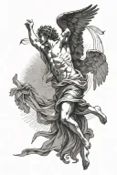 Daedalus reaching for Icarus' falling body as a silhouette in the sun tattoo design idea