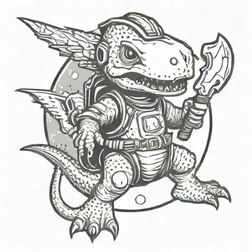 cute cartoon dinosaur wearing an astronaut helmet on a planet with a longsword and trident somewhere tattoo design idea
