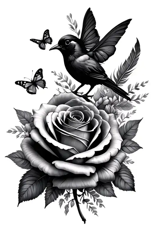 roses with bird feathers and butterflies flying tattoo design idea
