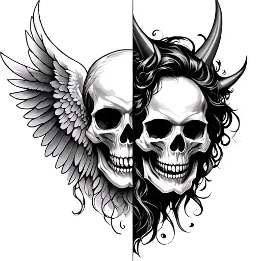half skull angel half skull devil with wings femine tattoo design idea