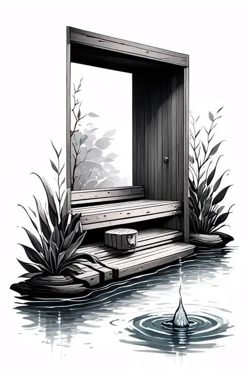 A serene sauna scene with water elements incorporated, symbolizing relaxation and rejuvenation tattoo design idea