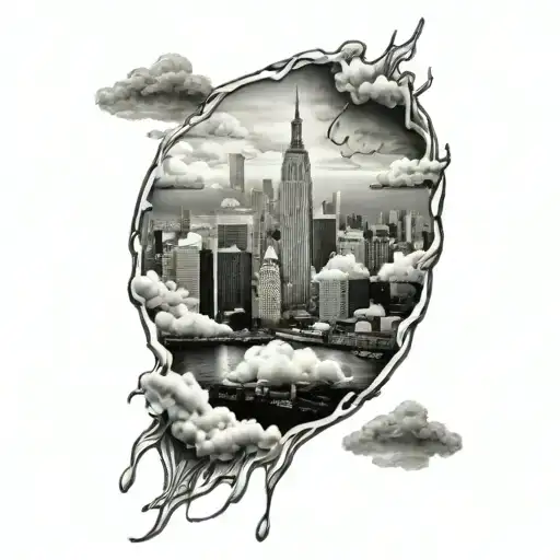 rain and clouds over city skyline tattoo design idea