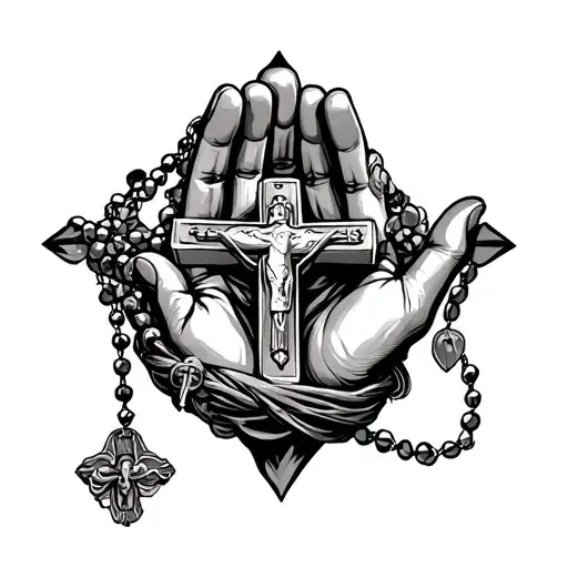 rosary wrapped around pray hands   tattoo design idea