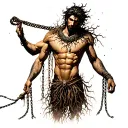 full body Silhouette of a male god , bare chest,large collar on his neck, roots growing out of chains, floggers and whip tattoo design idea