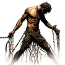 full body Silhouette of a male god , bare chest,large collar on his neck, roots growing out of chains, floggers and whip tattoo design idea