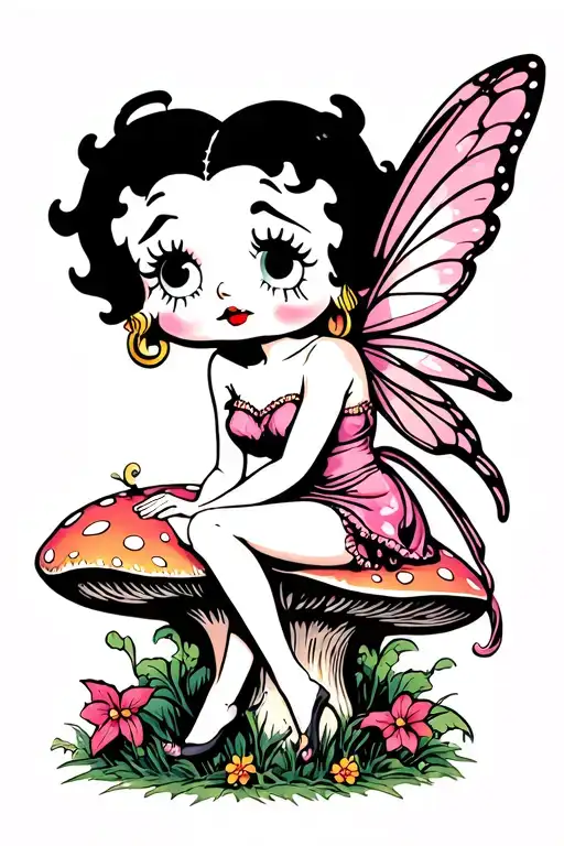 Betty boop fairy sitting on mushroom tattoo design idea