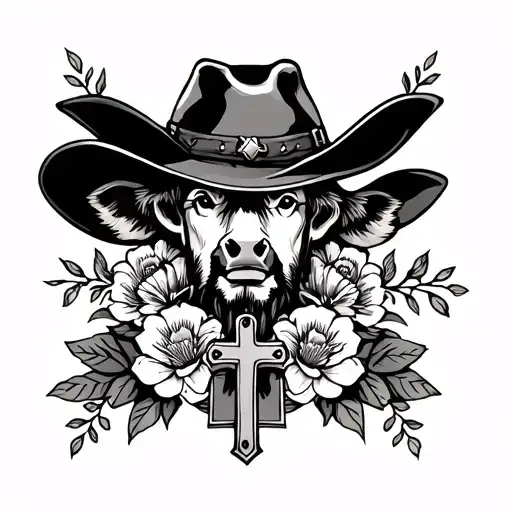 sleeve tattoo, with leather tooling, cow tag, cross, flowers, and cowboy hat tattoo design idea