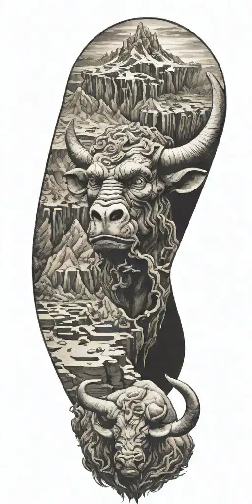 Minotaur, labyrinth, mountains tattoo design idea