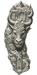 Minotaur, labyrinth, mountains tattoo design idea