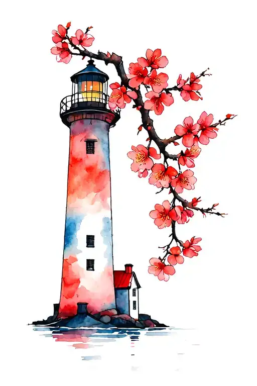 cherry blossom branch with red blossoms, lighthouse, fine lines tattoo design idea