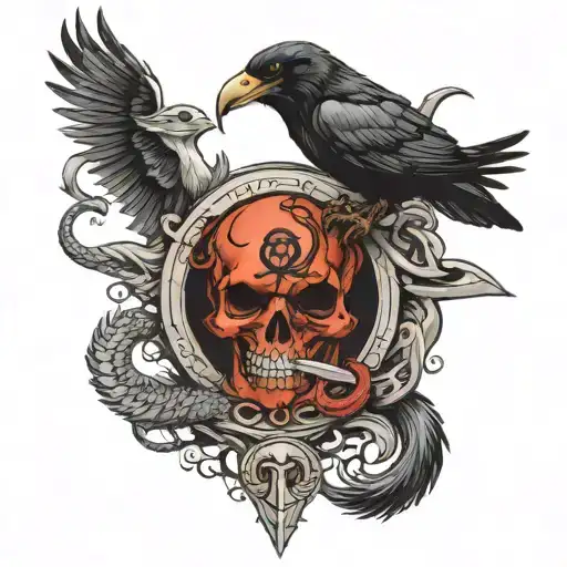 the caduceus snakes and blade kill raven surrounded tattoo design idea