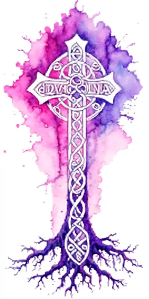 Celtic cross, Tree of life with the names Cody, Brianna and Brady in the roots of the tree of life in black and white tattoo design idea