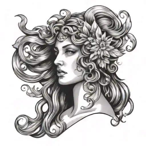 greek goddess with hair like water tattoo design idea