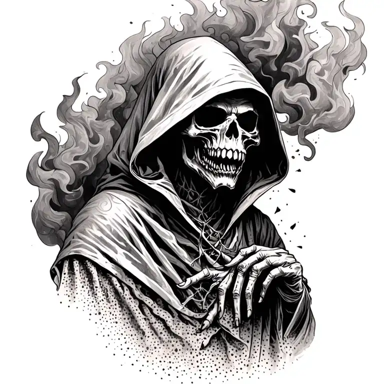 hooded reaper silohuette, smoke, fire, scary tattoo design idea