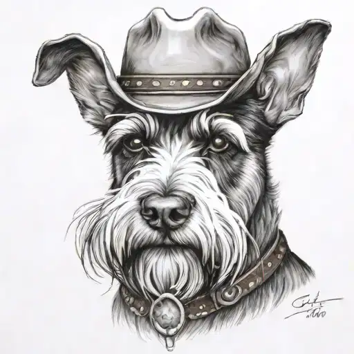 salt and pepper schnauzer with cowboy hat and brown eyes and a collar looking to the side with western background tattoo design idea