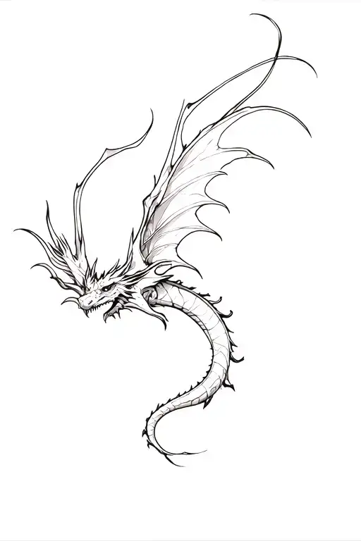 Dragon in flight, fine and delicate lines tattoo design idea