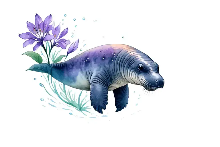 Water color manatee underwater with purple water hyacinth all around it tattoo design idea