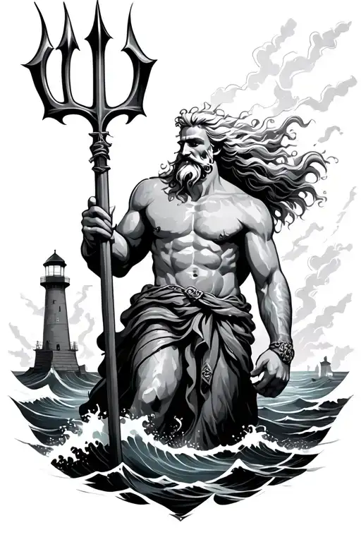 Old, wise Poseidon with flowing hair and beard, holding a trident. Stormy sea with crashing waves, lighthouse, lightning tattoo design idea