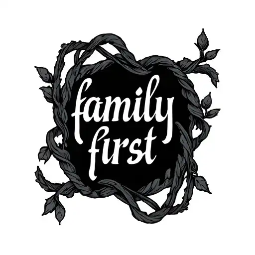 " family first"in dark cursive writing with dark vines wrapping around  tattoo design idea