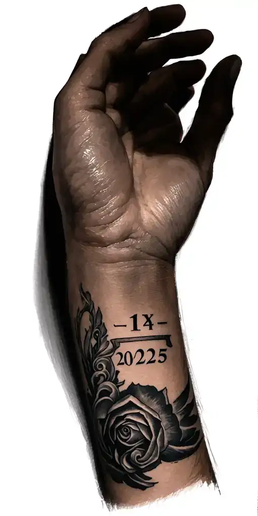 Make a picture of a tattoo on the forearm where they say 14-7 2025 in Roman numerals tattoo design idea