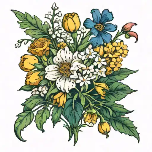 Carnation, Snow drop, marigold, cosmos, sweet pea, daisy and narcissus tattoo design idea