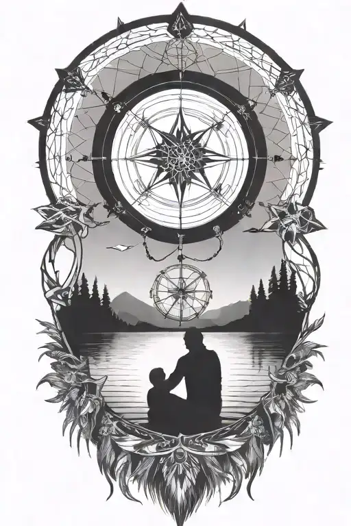 A father and son silhouette sitting by a lake in the mounatins. intertwine a compass, dove,  and dreamcatcher.  tattoo design idea