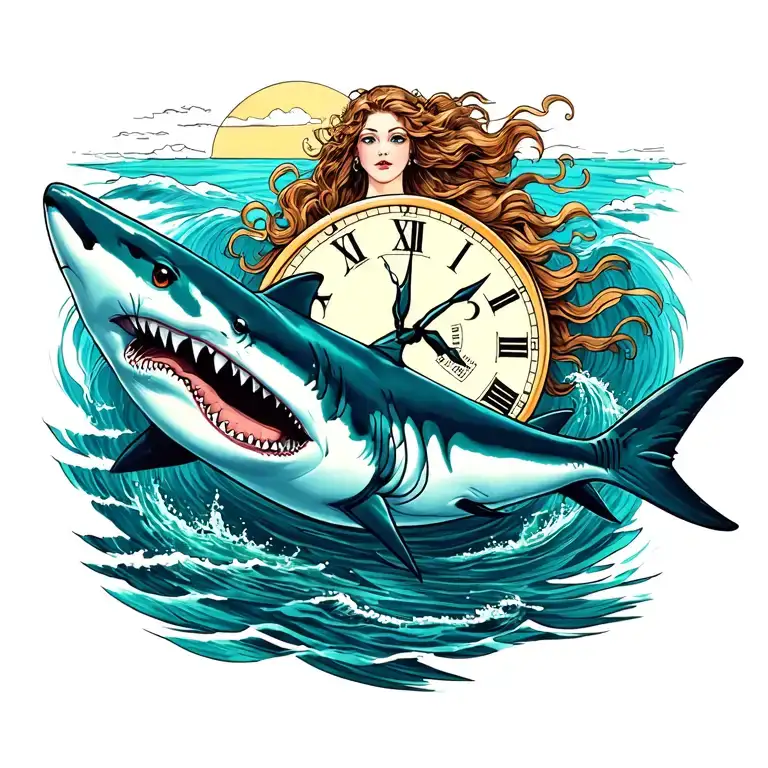 Sagitiras, time, woman, sharks swimming tattoo design idea